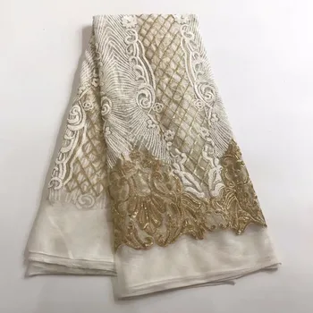 

2018 High Quality African Lace Fabric Gold ,Royal White French Net Embroidery Sequins Tulle Lace Fabric For Nigerian party Dress