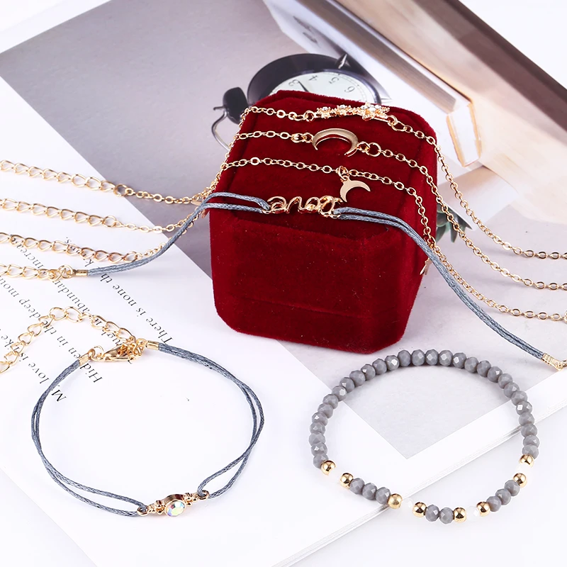 

Bohopan 6PCS/Set Bohemia Gold Color Chain Bracelets Delicate Star With Rhinestone Bracelets Bangles Gray Beads Bracelets Jewelry