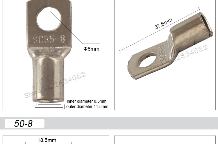 20 штук SC M8 M12 6mm2 10mm2 16mm2 25mm2 35mm2 50mm2 с отверстием для болта, из луженой меди кабельные наконечники Батарея терминалы