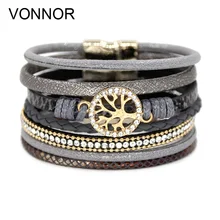 VONNOR, ювелирные браслеты для женщин, многослойные, кожа, веревка, стразы, сплав, аксессуары, магнитная застежка, браслет, Bracelete Feminino