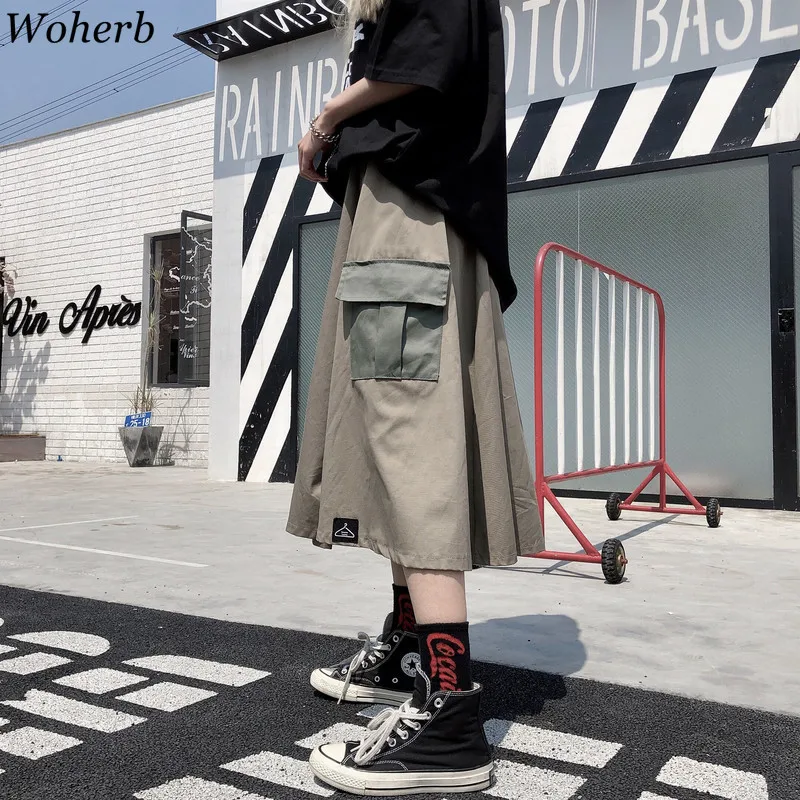 

Woherb Boy Friend Style Cargo Skirts Women 2019 Summer Loose High Waist Skirt Harajuku Long Skirt Big Pockets Patch 21455