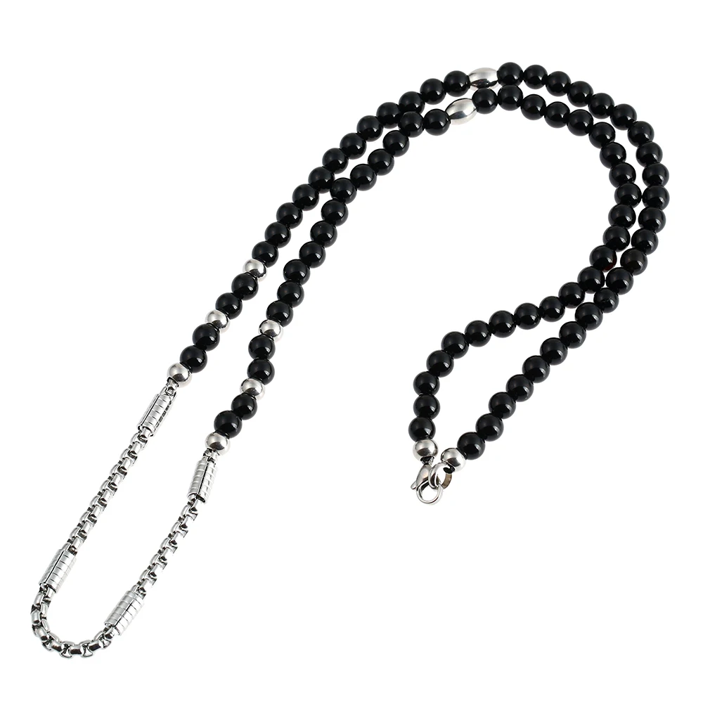 Mens Stainless Steel Wolf Tooth Pendant Necklace with Black Natural Stone Chain 26" for Men Jewelry