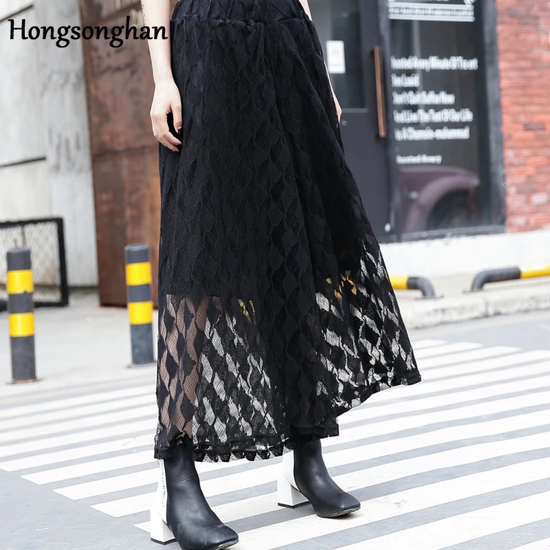 Hongsonghan Lace wide-legged trousers high waist ankle length pants loose big size black trousers hollow out lap sexy pants Hongsonghan Lace wide-legged trousers high waist ankle length pants loose big size black trousers hollow out lap sexy pants