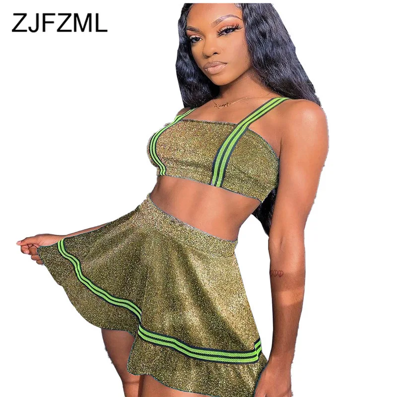 

Neon Green Striped Spliced Two Piece Outfits Summer Clothes For Women Spaghetti Strap Crop Top And Mini Skirts Matching Sets