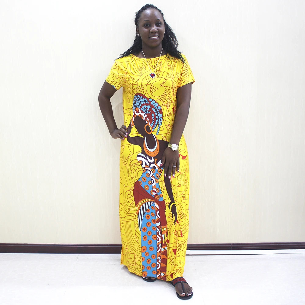 Африканские платья для женщин Новое Африканское желтое повседневное с коротким рукавом длинное платье