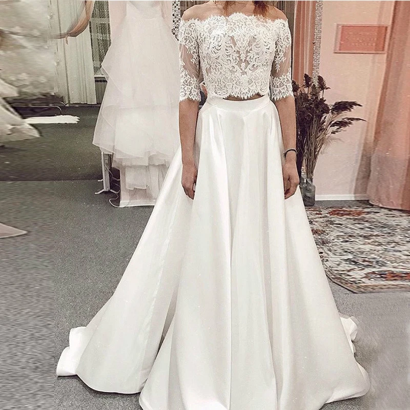 

Two Piece Half Sleeves Wedding Dresses 2019 Lace Top Satin Skirt Wedding Gowns Sweep Train New Vestido De Novia