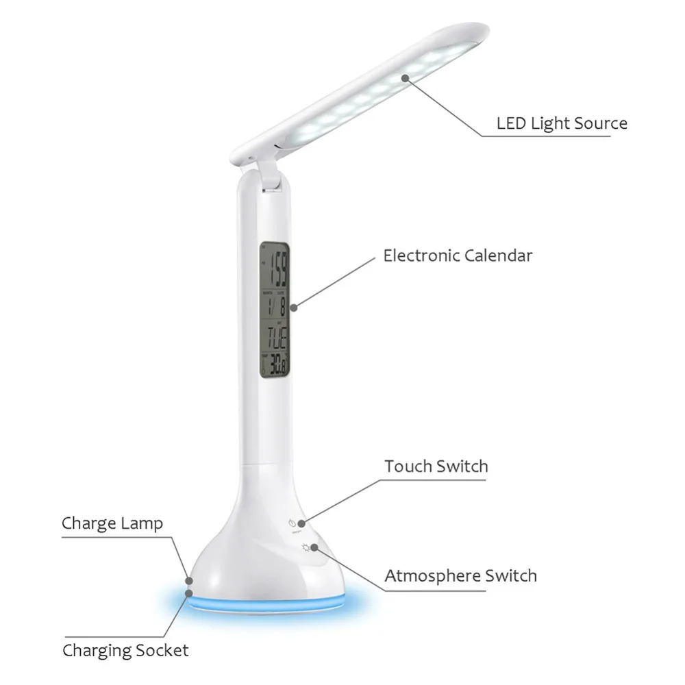  Led Desk Lamp Table Light Foldable Dimmable with Calendar Temperature Alarm Clock Atmosphere Colors