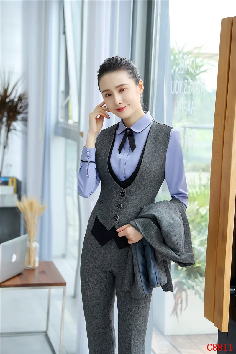 Fashion Formal Women Business Suits 3 Piece Vest, Pant and Jacket Sets Work Wear Ladies Grey Waistcoat OL Styles Fashion Formal Women Business Suits 3 Piece Vest, Pant and Jacket Sets Work Wear Ladies Grey Waistcoat OL Styles