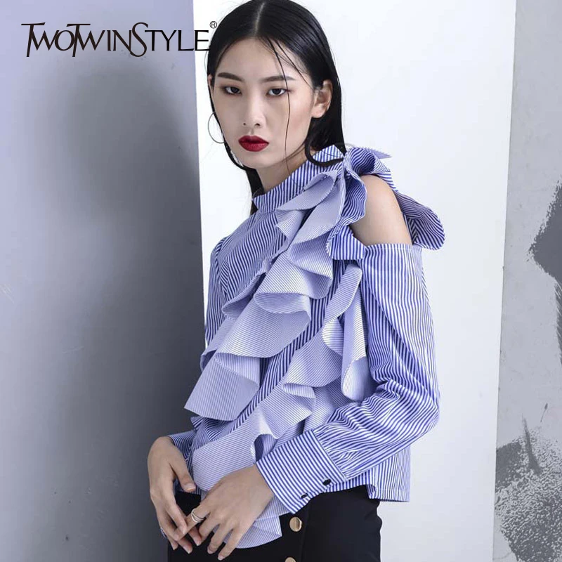 

TWOTWINSTYLE Striped Shirt Female Off Shoulder Ruffles Patchwork Stand Collar Long Sleeve Blouse Top 2019 Spring Fashion New