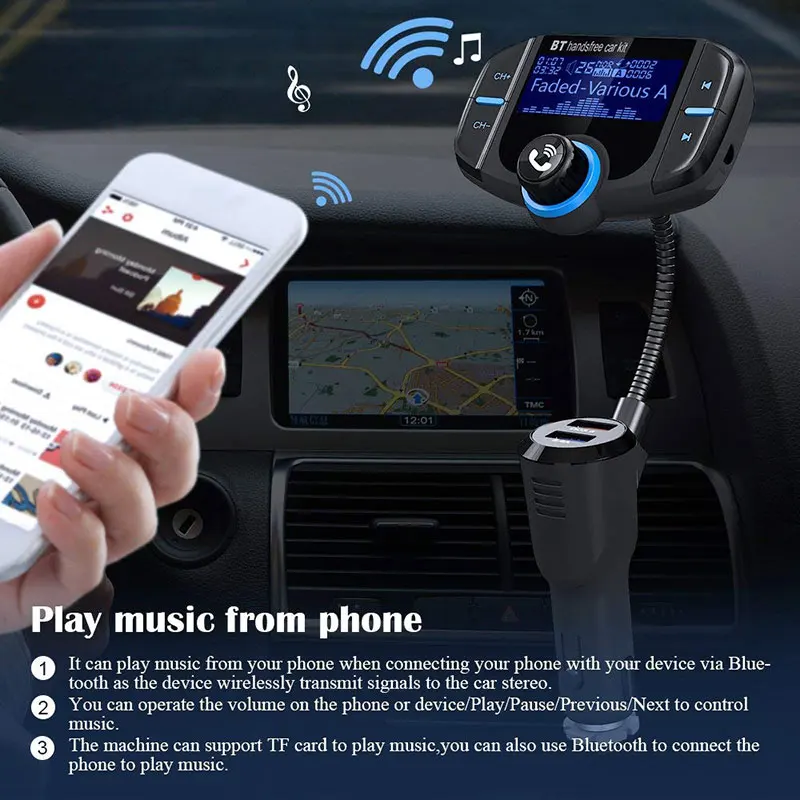 Bluetooth FM Transmitter Wireless In-car Radio Adapter Car Kit with Quick Charge 3.0 + 5V/2.4A Smart IC Dual USB Car Charger