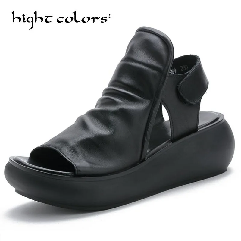 

2019 Summer New Fish Mouth Shoes Female Genuine Leather Retro Cowhide Leather Women Shoes Comfortable Sandals Zapatos Mujer