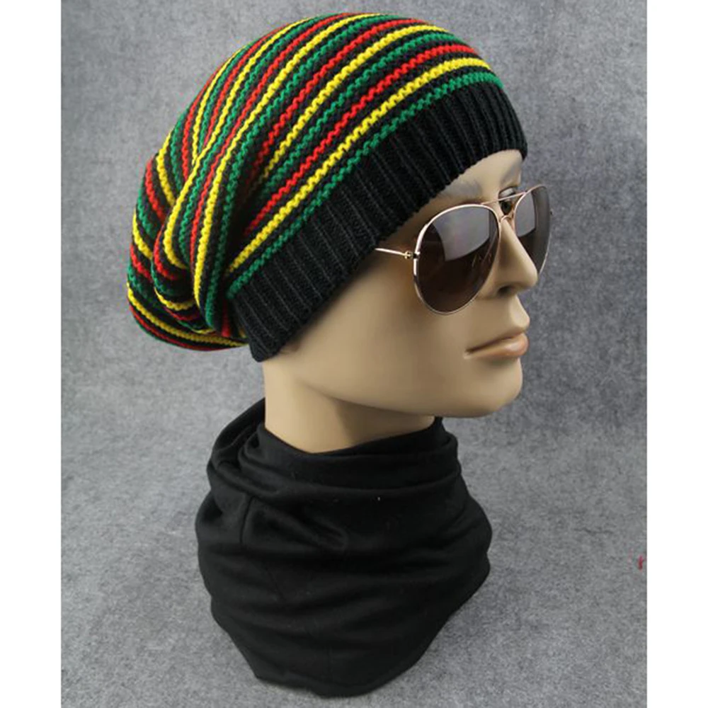 

New Bob Marley Reggae Hat Jamaican Singer Pom Slouch Baggy Beanie Stripe Brim Cap Colorful Style for 2019 Spring Random Color