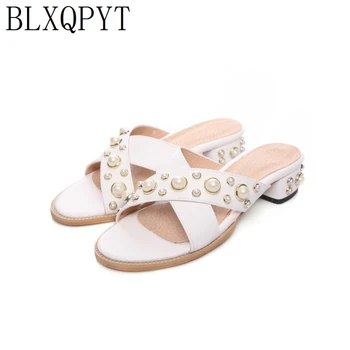 

BLXQPYT New Big Size 32-43 Summer Women Brand Slippers Med heels(3cm) Casual Slipper Peep Toe wedding Shoes Sandals woman 9688-1