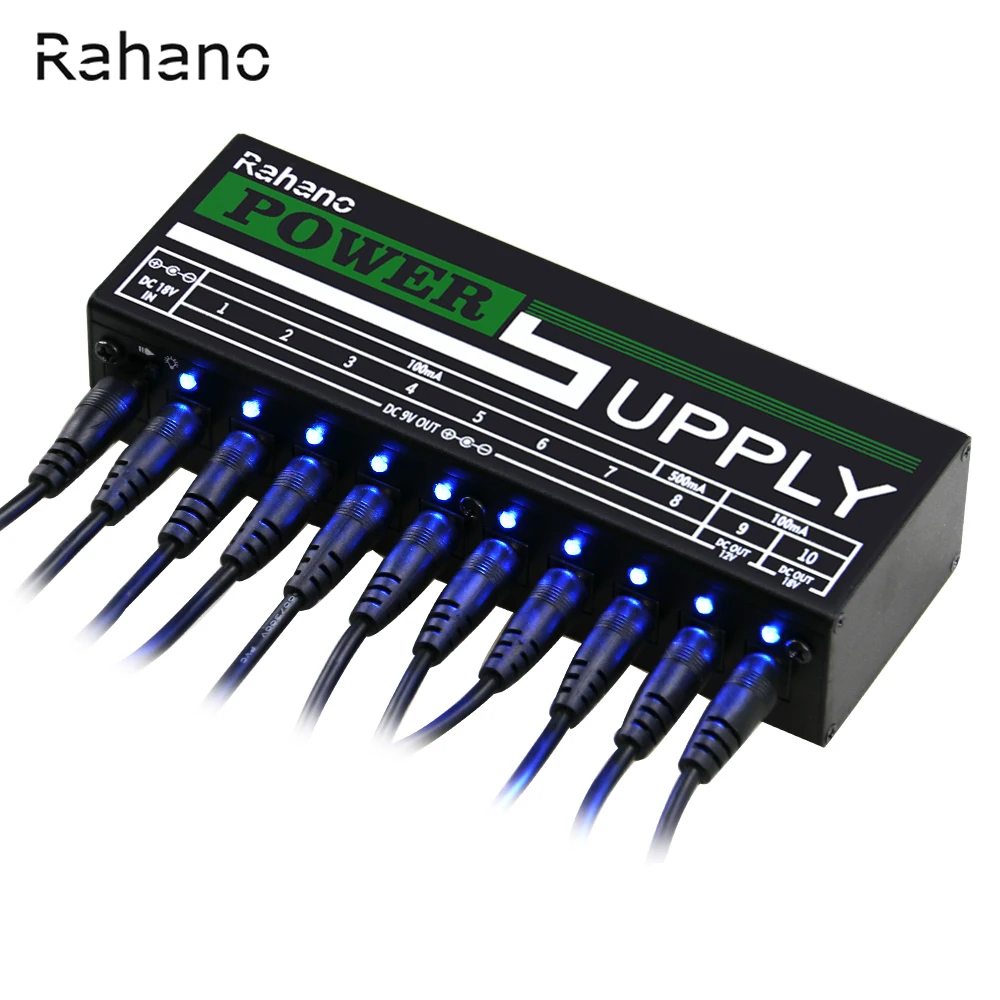 

Rahano 10 Isolated Output (9V/12V/18V) Guitar Effect Pedal Power Supply with Overcurrent Protection and Bright Blue LED Lights