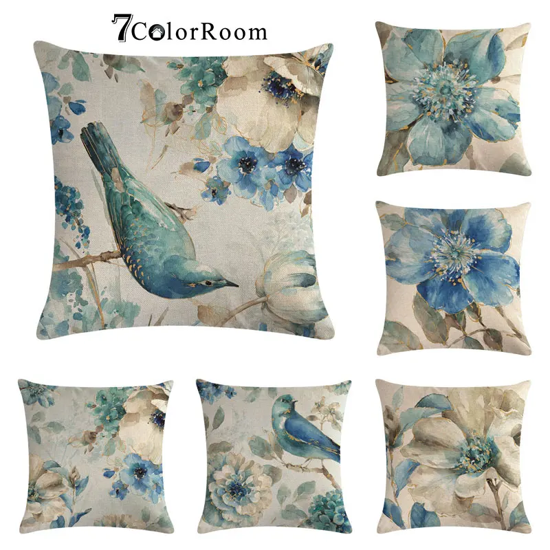 

Watercolor Flower Cushion Cover Art Painting Blue Flower Birds pillowcase Sofa Throw Pillow Cover 45x45 CM