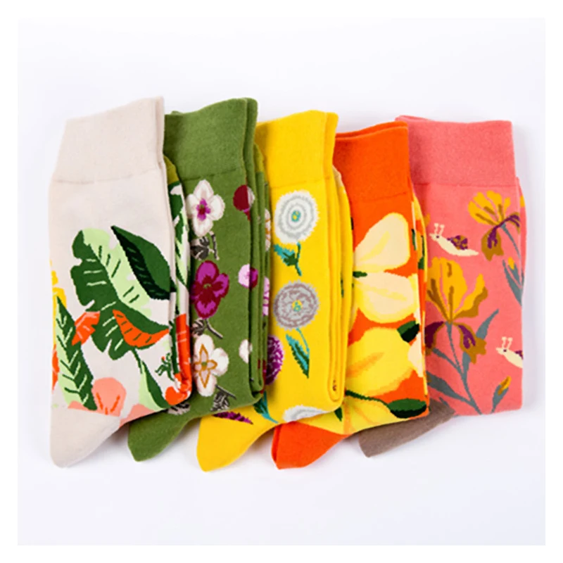 5 пар/лот, новинка, женские носки из чесаного хлопка с милым цветочным рисунком, цветные длинные забавные удобные носки