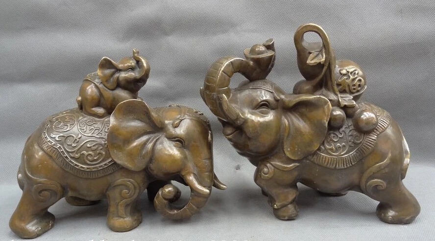 

JP S0608 8" Chinese Bronze Copper Wealth YuanBao Fu Gourd Elephant Family Statue Pair B0403