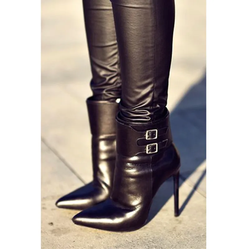 

Cool Women Motorcycle Boots Ladies Autumn Winter Boots Black Leather High Heeled Pointed Toe Ankle Boots Fashion Shoes Woman