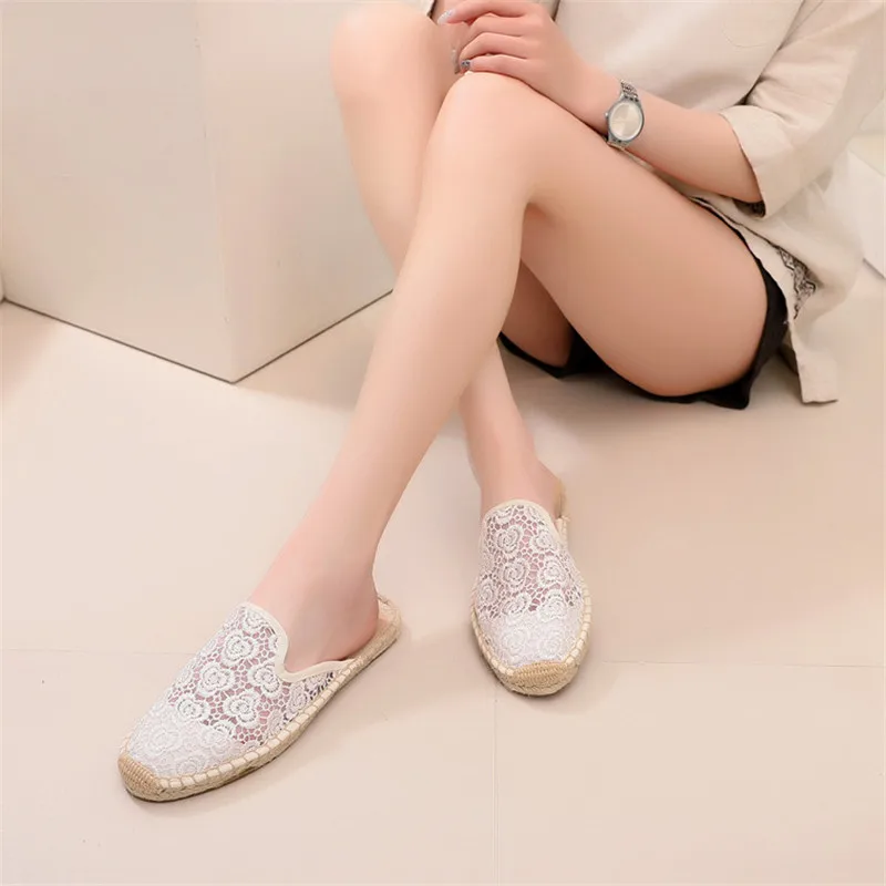 Women Half Slippers Espadrilles Lace Cut-outs Black Women's Sandals Wear Simple Slides Casual Ladies Mules Flat Fisherman Shoes  (5)