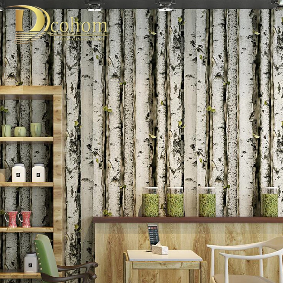 

3D Brich Tree Patern PVC Wallpaper Modern Vintage Tree Wallcoverings For Coffee Shop Forest Wwall Papar Rolls