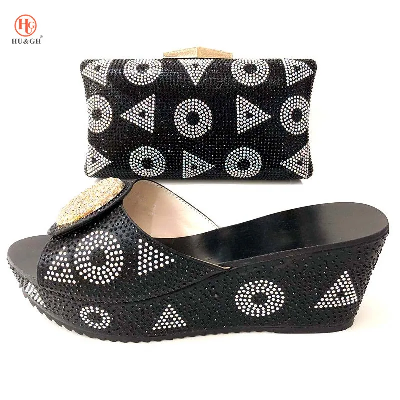 

Black Color Matching Italian Shoe and Bag Set Decorated with Rhinestone Nigerian Party Shoe and Bag Open toes Sandals Wedding