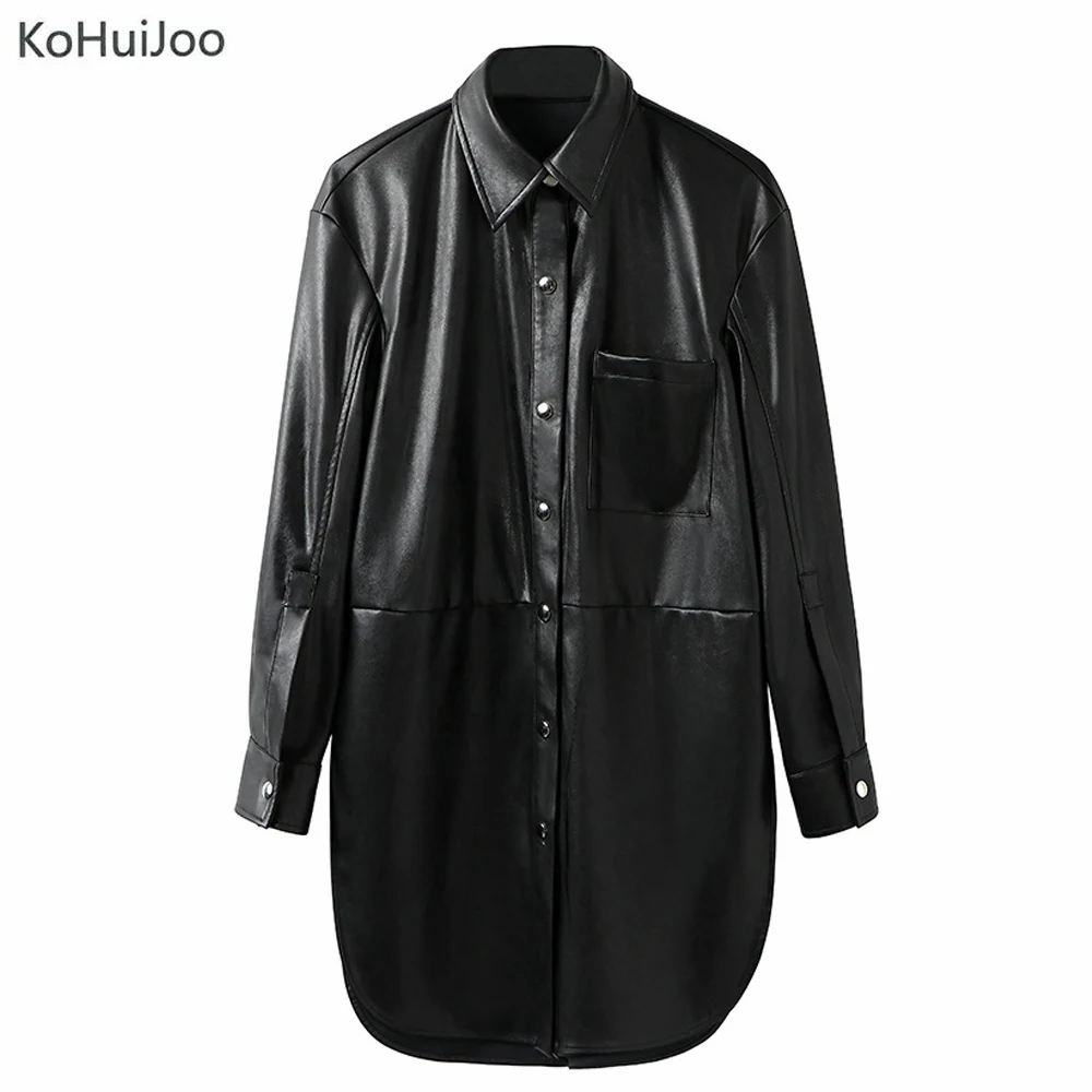 

KoHuiJoo 2019 Spring Autumn Women Long Leather Coat Black Long Sleeve Button Casual Ladies PU Leather Jackets Outwear
