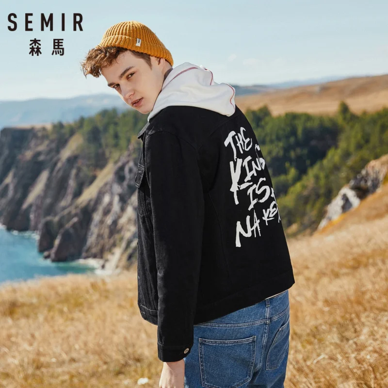 

SEMIR Men Print Denim Jacket with Collar Mens Denim Jacket in Washed Denim with Chest and Slant Pocket Button at Cuff Streetwear