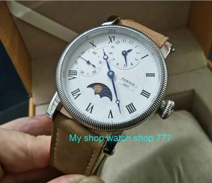 

44mm PARNIS Moon Phase Mechanical Hand Wind movement men's watch Multi-function Mechanical watches wholesale GD254A