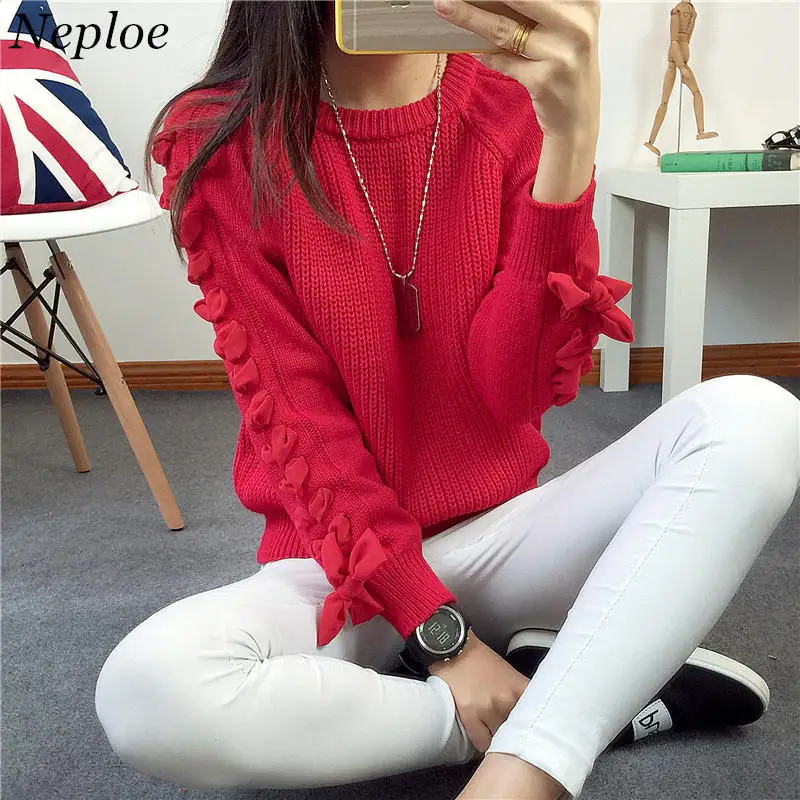 

Neploe Women Solid Knit Sweater Long Sleeve With Lace-up Bow Tie Pullover 2019 Autumn Winter O-neck Pullovers Pull Femme 33450