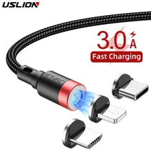 USLION 3A Magnético Cabo de Carregamento Rápido Para iPhone Xs Max XR 8 7 6 6S Plus Micro Cabo USB tipo C Cabo Para Samsung Xiaomi Huawei