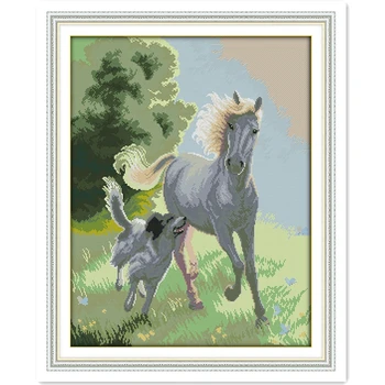 

The Dog And Horse Travel Together DIY Needlework DMC Counted Cross Stitch Kits for Embroidery Cross Stitching Home Decor Crafts
