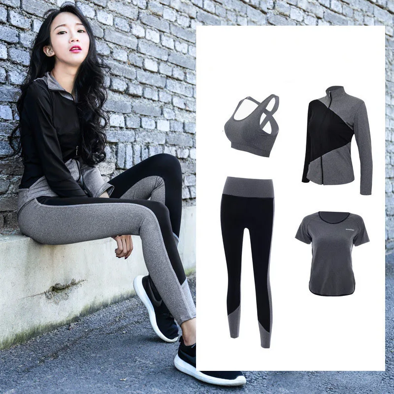 

Women 4pcs Yoga Set Black Gray Patchwork Yoga Bra Fitness Jackets and T-shirt Ladies Sportswear Training Gym Sports Suit E75