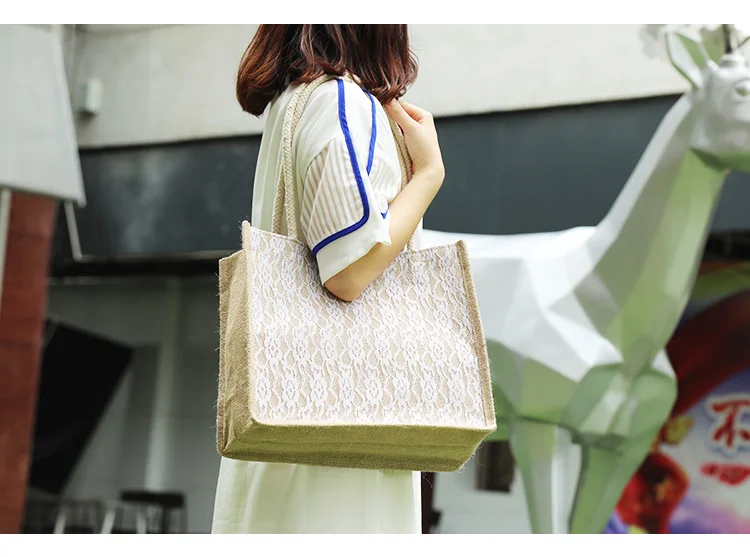 Модная джутовая винтажная Холщовая Сумка на плечо ручной работы для женщин, кружевная Женская Подарочная сумка Bolsas Feminina