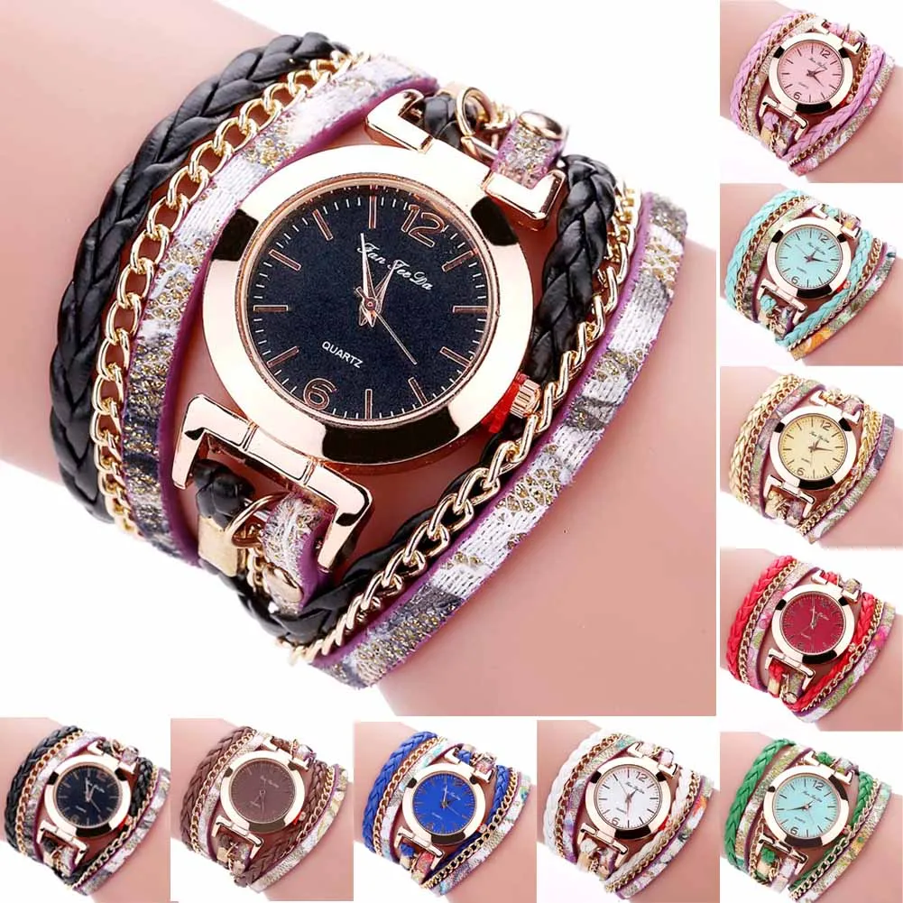 

New Fashion Women Thin Multi Layers Quartz Bracelet Watch PU Leather Weave Wrap Wristwatch High Quality LL@17