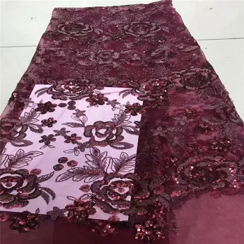 

African French Lace Fabric With Sequins High Quality African Tulle Lace Fabric with sequins 5yards Wine Red Sequin Lace Fabric