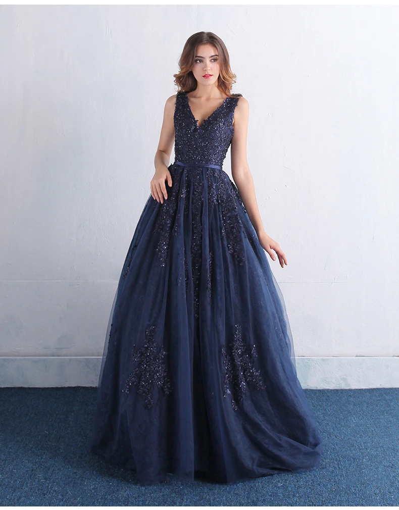 Пышное платье синий тюль аппликация из бисера кристалл бальное платье на заказ длиной до пола Vestidos 15 Anos Q1106