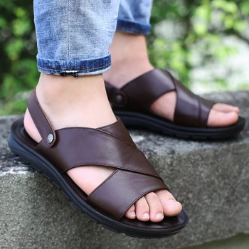 

2019 Handmade Men Sandals Genuine Leather Soft Summer Men's Shoes Retro Sewing Casual Beach Shoes