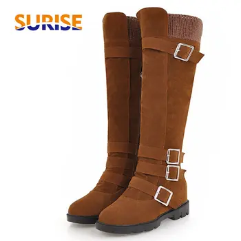 

2018 Winter Women Knee-high Boots Squree Block Low Heel Flock Plush Casual Office Ladies Buckle Zipper British Riding Long Boots