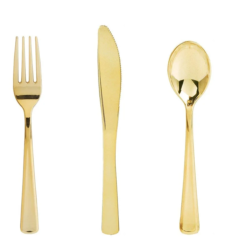 Доступная пластмассовая столовая Посуда роскошный стиль посуда для свадебной вечеринки набор столовых приборов Золотая ложка Вилка кухонный нож наборы