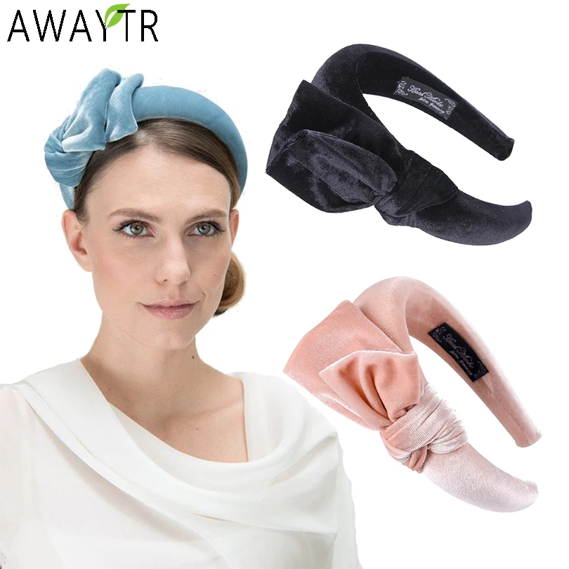 

AWAYTR European Retro Wide Headband Bow Ladies Thickening Thick Sponge Hairband Velvet Solid Banquet Headdress Hair Accessories