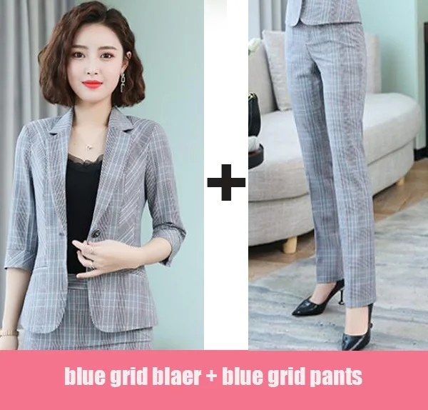 blazer and pants Новая мода темперамент решетки женские костюмы с юбкой тонкий Бизнес пиджак и юбка OL устанавливает 3/4 рукав карьера куртка костюмы с юбкой - Цвет: blazer and pants
