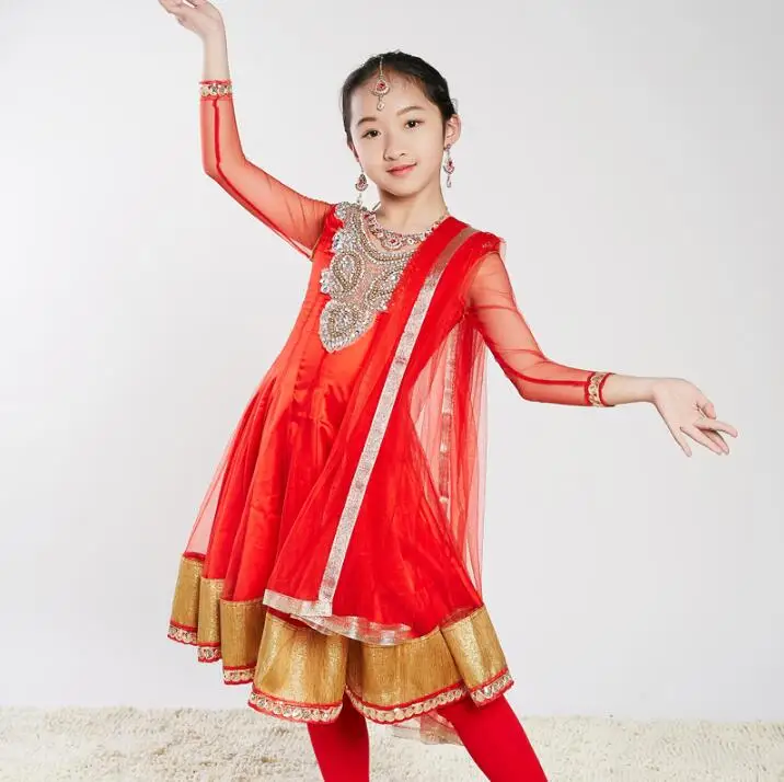 Sarees India Traditional Children Costume Ethnic Style Girl Performance Dance Suits dress+pants+scarf