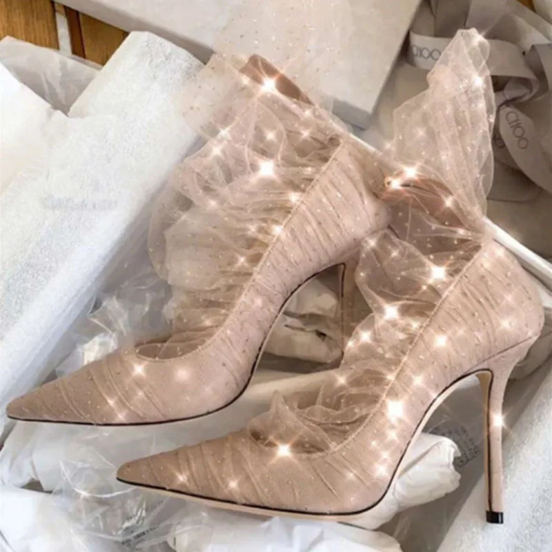 

Hot Fashion Sweet Black Flock Pointed Toe Shoes Thin Heels Shallow Women's Shoes Zip Mesh Lace Ladies Pumps