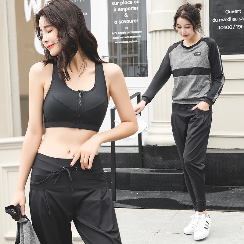 

Women Yoga Set Good Quality Gym Clothing Zipper Bras T-Shirt Pants Cotton Blends Fitness Running Breathable Sports Suit
