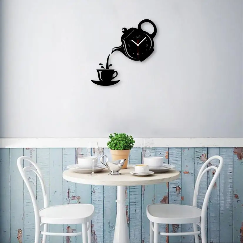 

KAKUDER Teapot Clock Wall Mirror Effect Coffee Cup Shape Decoration Home Decor June8 Drop Shipping