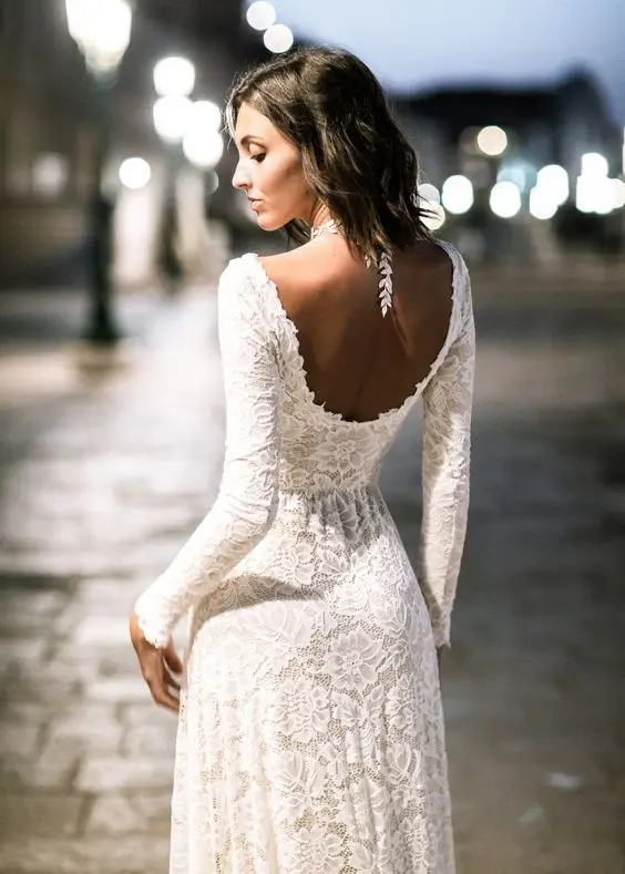 

vestidos novias boda Vintage Lace Wedding Dresses 2019 Long Sleeve Sweep Train Cheap Bride Dress