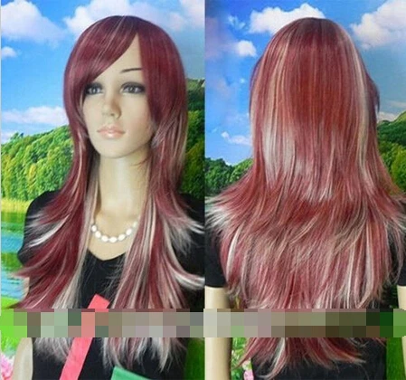 

Hot heat resistant Kanekalon Party hair New wig Heat Resistant LONG WINE RED PALE BLONDE STRAIGHT WOMEN WIG