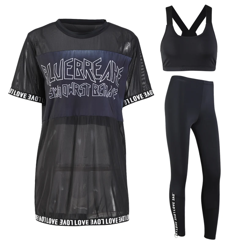 long black blouse T-shirt+bra+leggings 3 pieces women sports set with letters sexy breathable mesh short sleeve gym fitness suit цена long black blouse T-shirt+bra+leggings 3 pieces women sports set with letters sexy breathable mesh short sleeve gym fitness suit цены онлайн