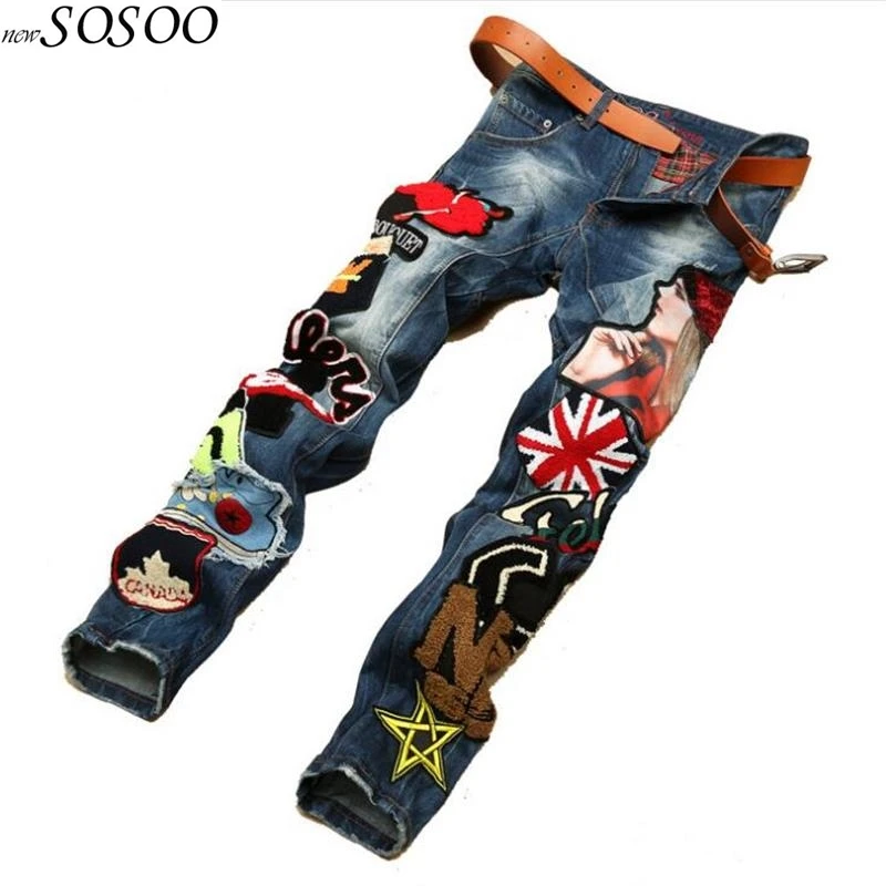 2018 new men jeans American style 100% cotton denim hip hop patchwork of national flag fashion jeans men #597