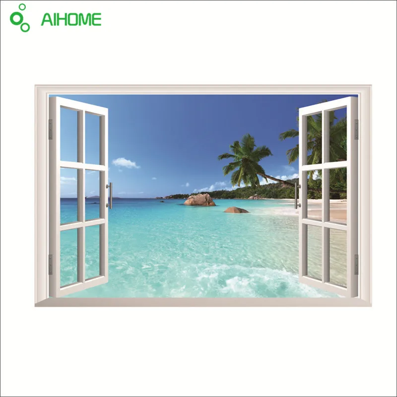 

Beach Sea 3D Window View Scenery Wall Stickers PVC 90 * 60 cm Home Decoration Removable Waterproof Wall Stickers 1Pcs